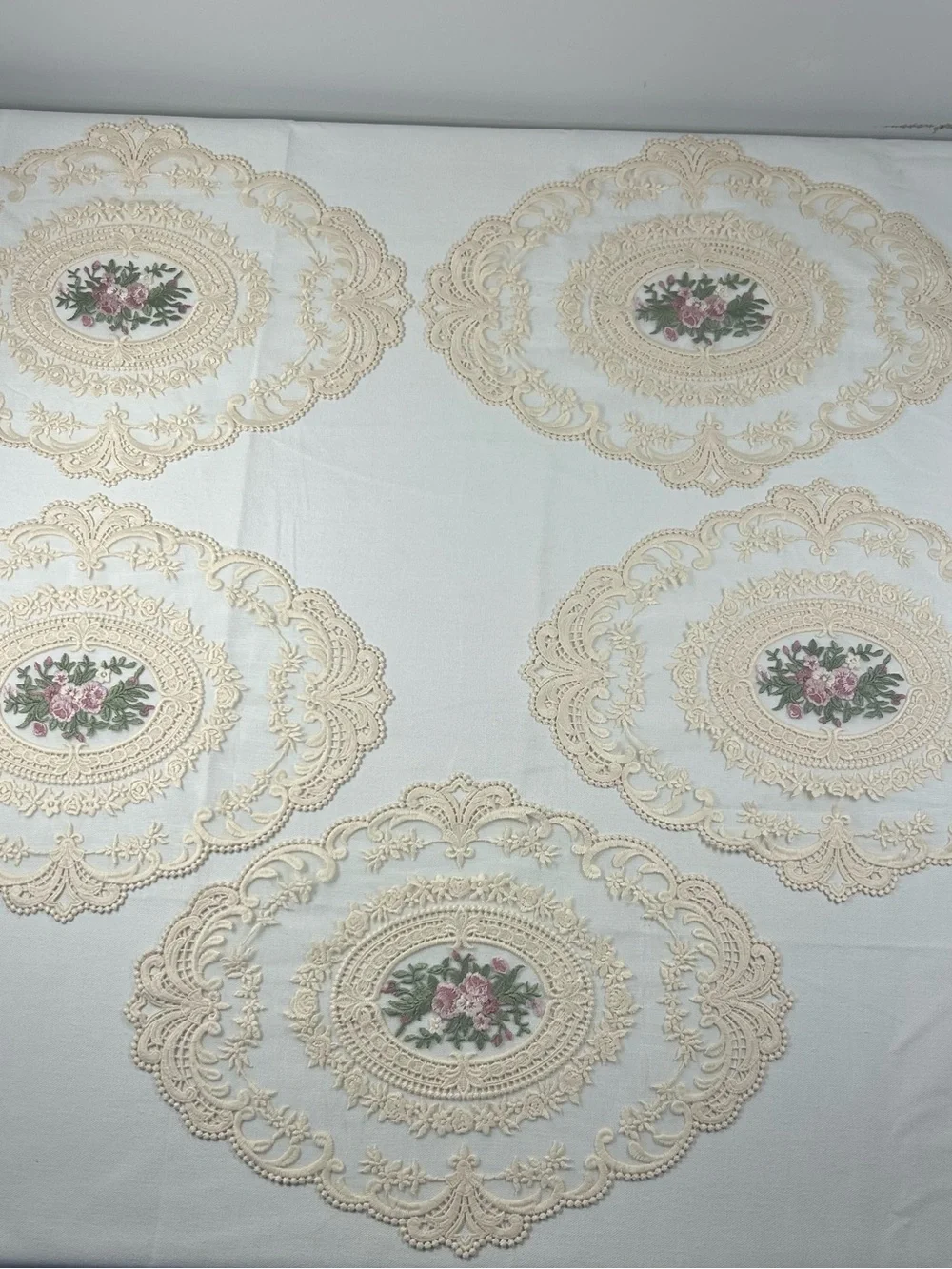 5 Embroidered Lace Table Placemats French Country Floral Cottagecore Set 16.5x12